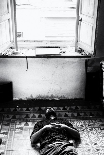 portrait of the artist remed sleeping in his studio. Madrid, Spain by phographer juan barte